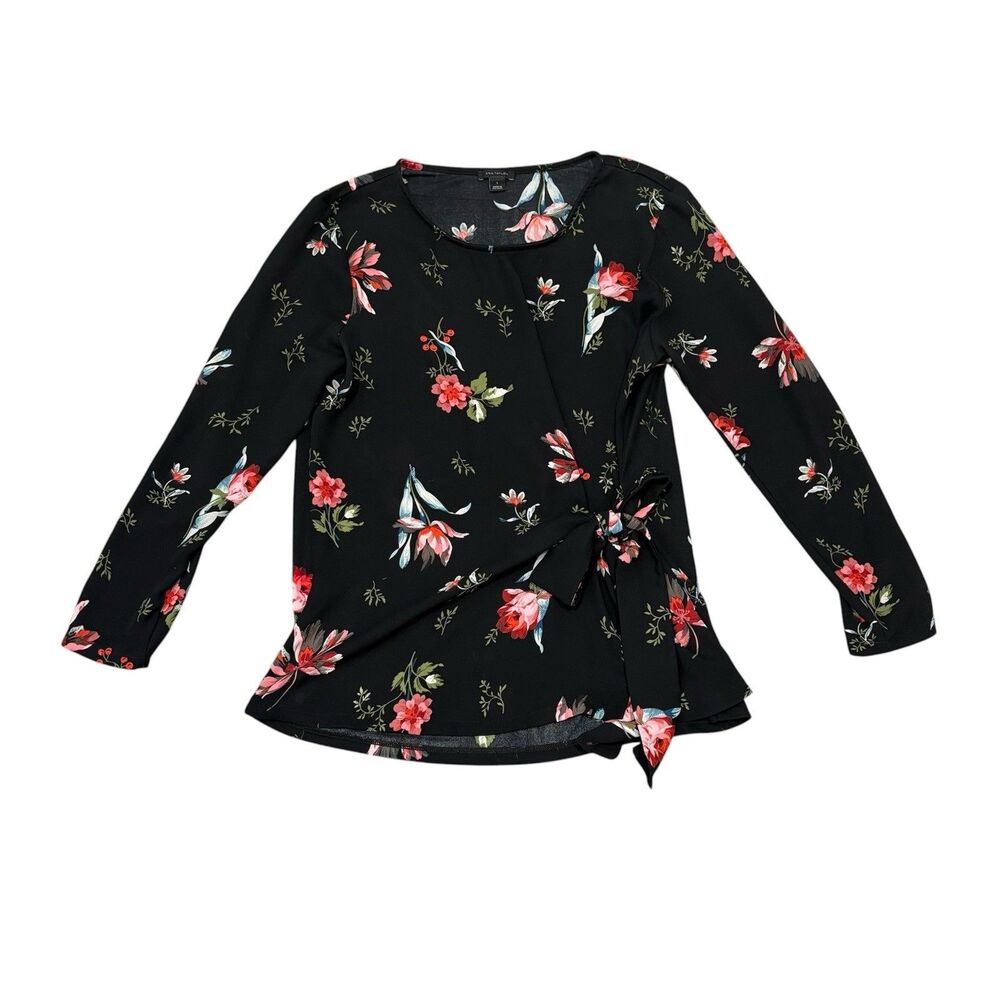 Ann Taylor Black Floral Faux Wrap Top Size S Whimsigoth Dark Romantic